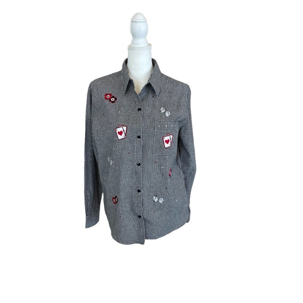 Black White Checked Gambling Cards Dice Embroidered Patch Button Up Blouse SzS